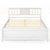 Full-size wooden platform bed in white with slatted support and stylish headboard, designed for lasting durability.