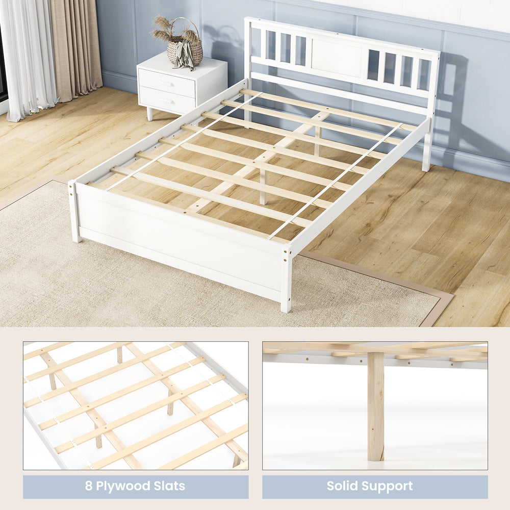 Full view of the white wooden platform bed with headboard, featuring slatted support and elegant design for stylish.