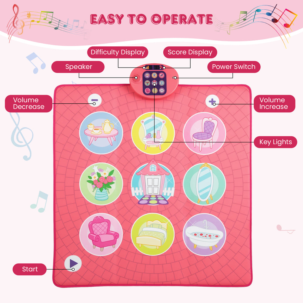 Colorful dance mat with 9 note piano sounds, 3 modes, and anti-slip bottom for kids' interactive play.