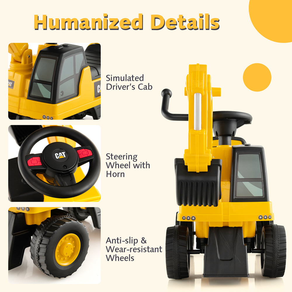 Licensed Caterpillar kids ride-on digger in yellow with steering wheel, driver's cab, and anti-slip wheels for ages 1-3.