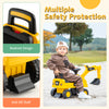 Licensed Caterpillar kids ride-on digger in yellow with backrest design and anti-tumble shelf for safe play.