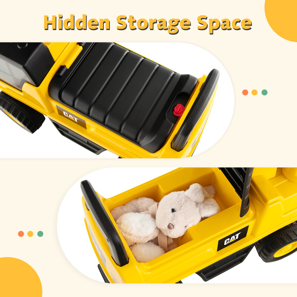 Licensed Caterpillar kids ride-on digger in yellow with hidden storage space for toys, suitable for ages 1-3 years.