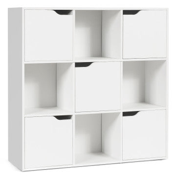 White shelving unit with nine compartments for organized storage, part of a functional office furniture package.