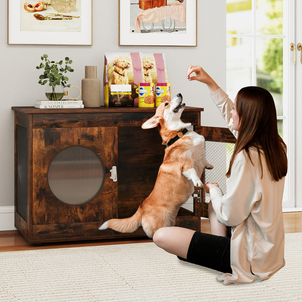 Furniture style dog crate in rustic brown with translucent window, ideal for small to medium dogs, doubles as a side.