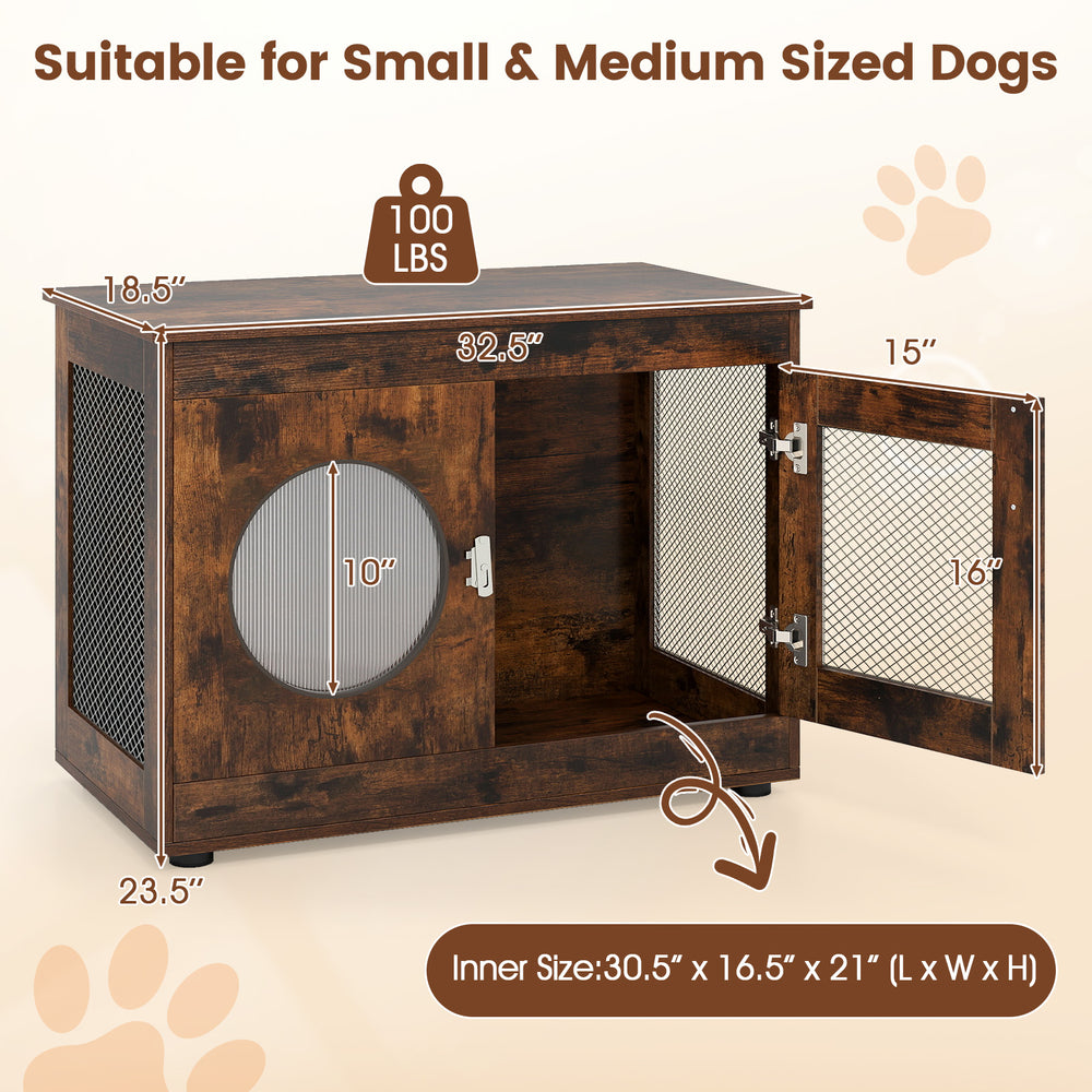Furniture style dog crate in rustic brown with a translucent window, suitable for small and medium dogs, doubles as a.