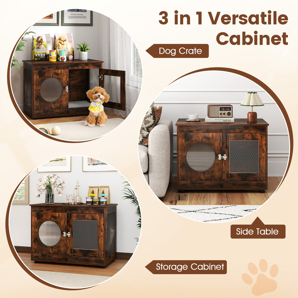 Rustic brown dog crate with translucent window, lockable door, and spacious tabletop for small to medium dogs.