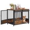 Furniture style dog crate in rustic brown with two doors, safety latch, and included dog mat for small to medium dogs.
