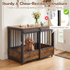 Rustic brown furniture-style dog crate with two doors, sturdy chew-resistant structure, and included dog mat for comfort.
