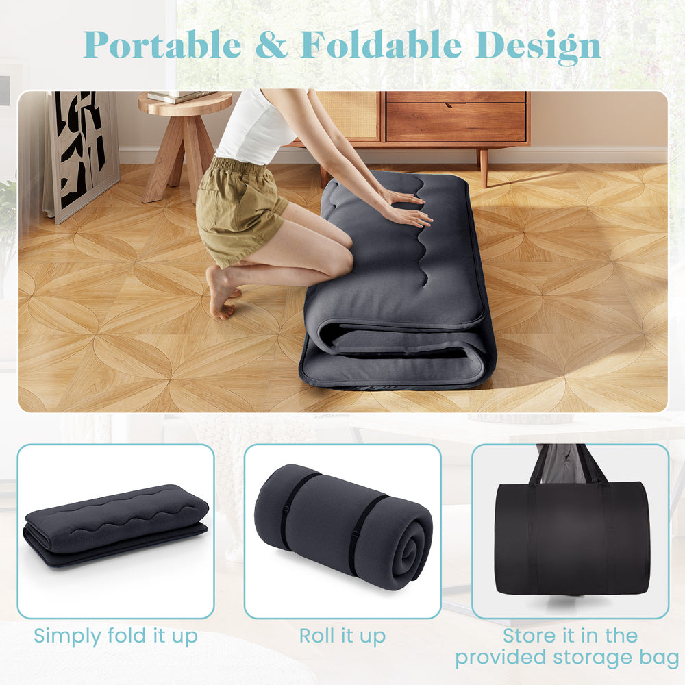 Futon mattress with washable cover, showcasing its foldable design for easy storage and transport, ideal for camping or.