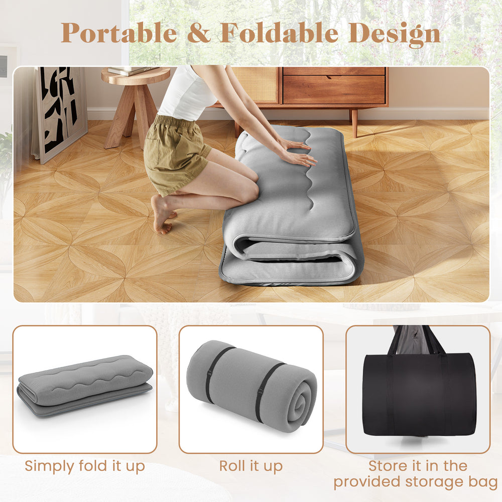 Futon mattress in gray with washable cover, showcasing portable, foldable design for easy storage and transport.
