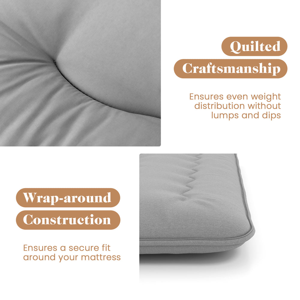 Quilted detail of the full-size futon mattress with washable cover, ensuring even weight distribution for comfort.