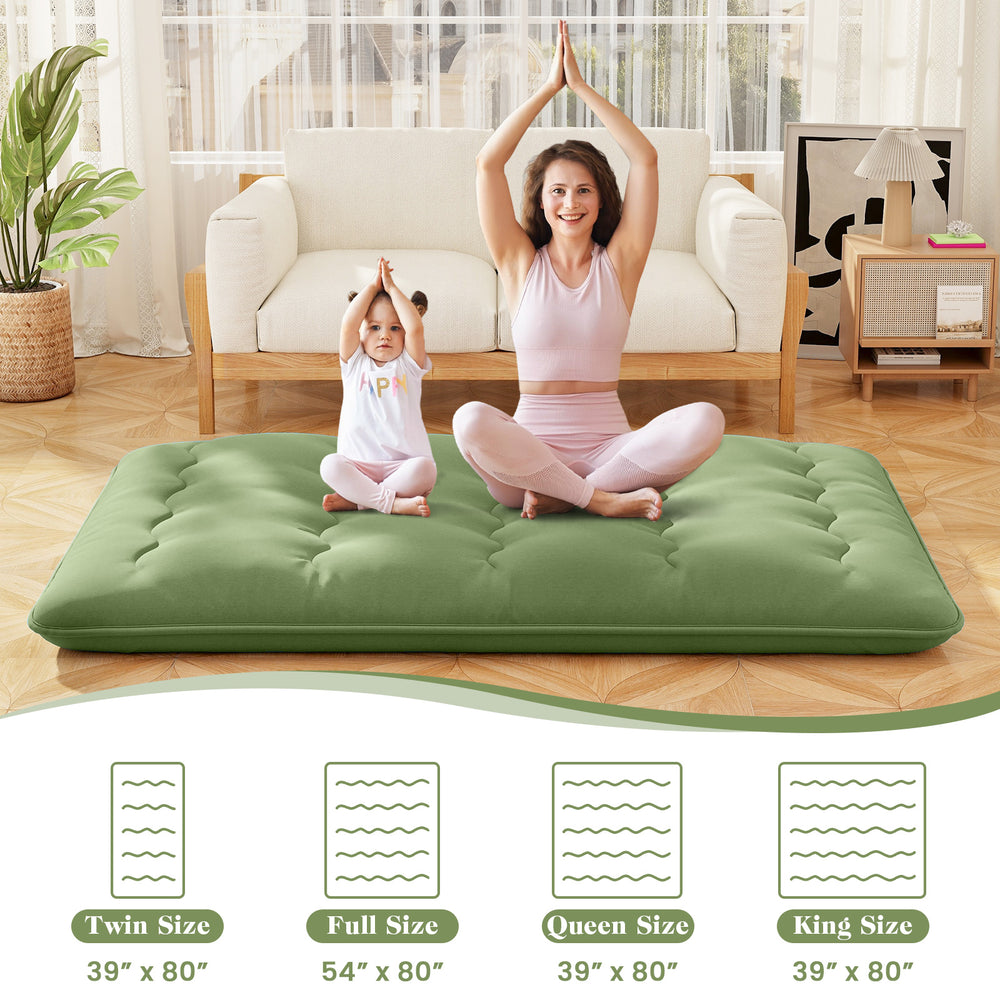 Full-size floor mattress in green with washable cover, ideal for yoga, camping, or as a kid's play mat.