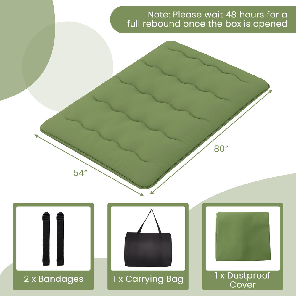 Full-size floor mattress in green with a washable cover, ideal for camping, yoga, or as a kid's play mat.