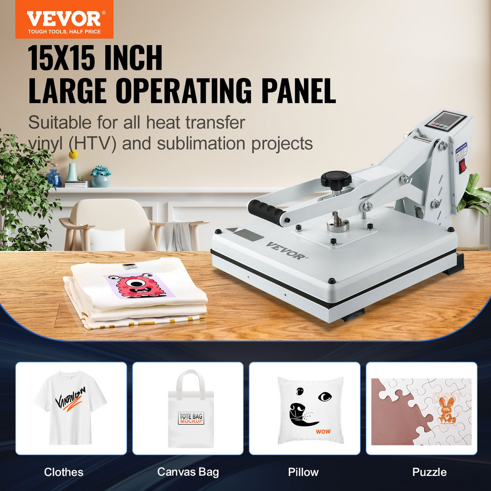 Vevor 15" x 15" Heat Press High Pressure Sublimation Printer 1200W TL3838-1 White New