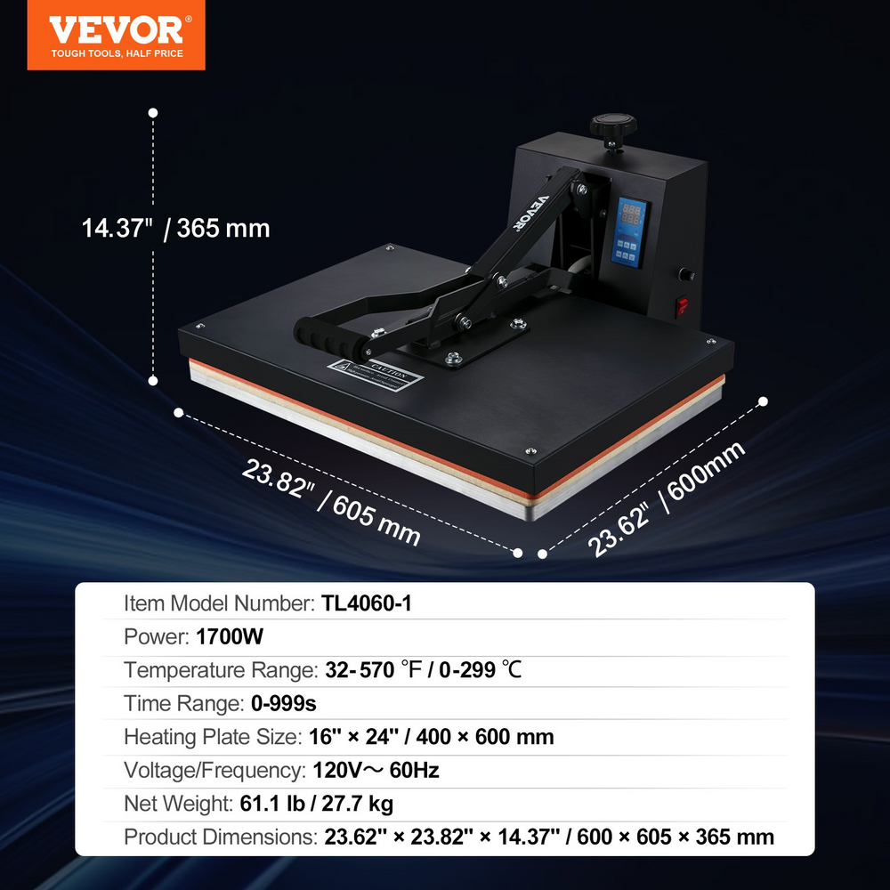 Vevor 16" x 24" Sublimation Heat Press High Pressure 1700W TL4060-1 Black New