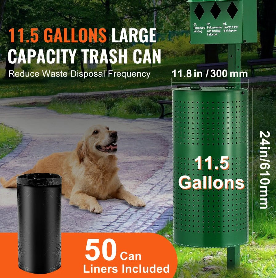 Vevor Outdoor Dog Waste Station 11.5 Gal Trash Can with 600 Bags New