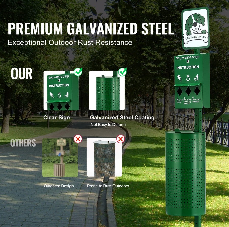 Vevor Outdoor Dog Waste Station 11.5 Gal Trash Can with 600 Bags New
