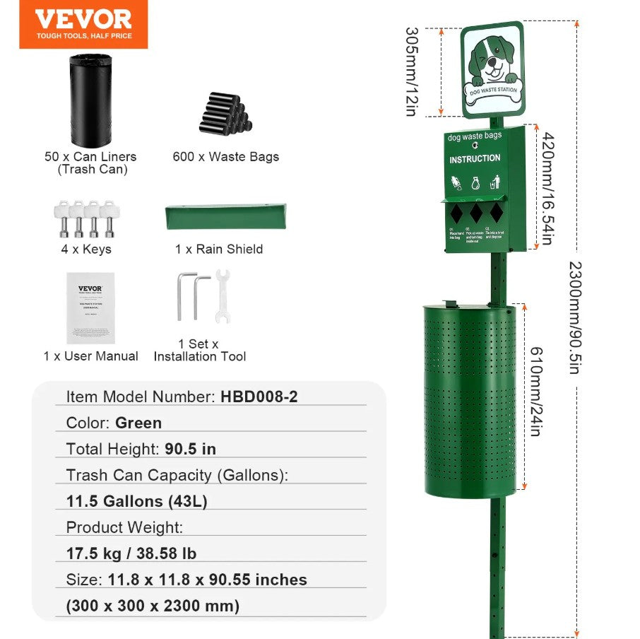 Vevor Outdoor Dog Waste Station 11.5 Gal Trash Can with 600 Bags New