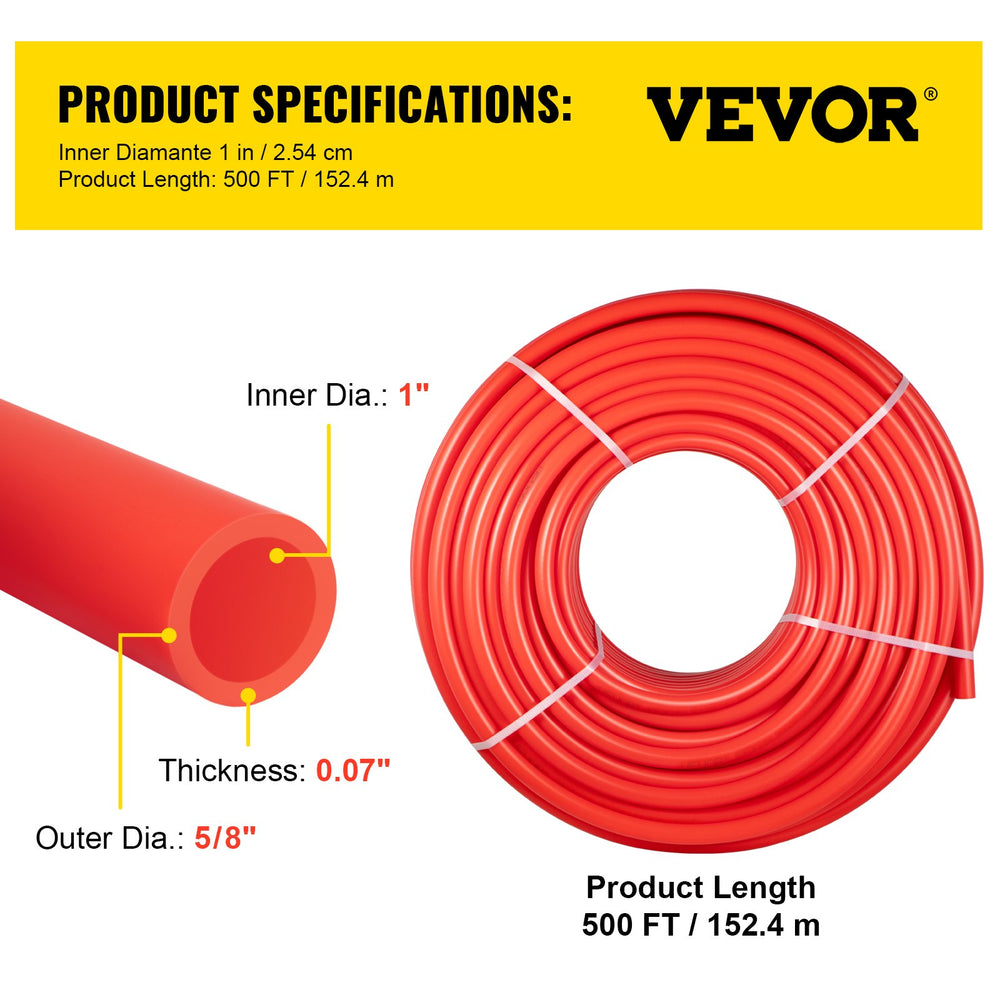 Vevor PEX Tubing Pipes 1" x 500' Non Oxygen Barrier PEX-B Tube for Radiant Floor Heating Systems Red New