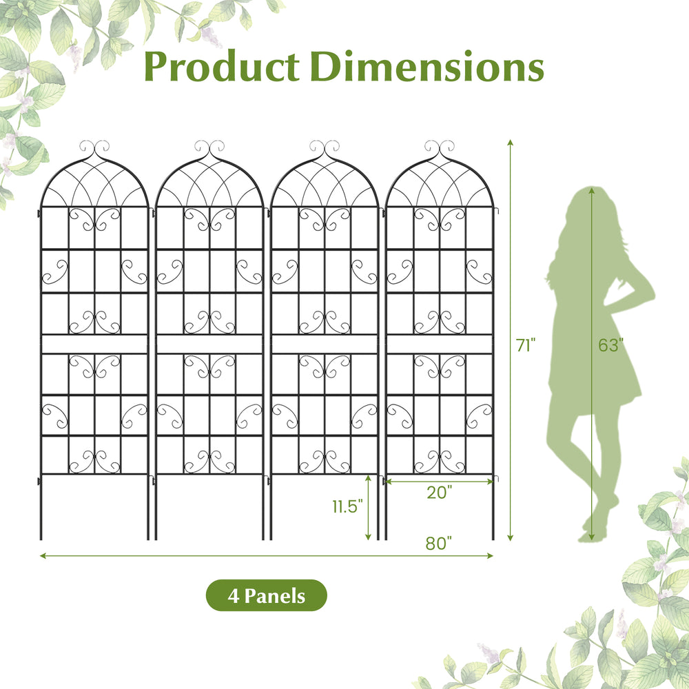 Four-panel metal garden trellis, 71" x 20", sturdy design for climbing plants, ideal for outdoor patios and gardens.