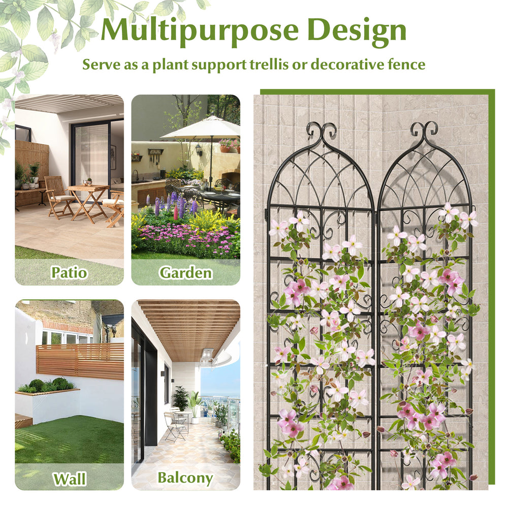 Metal garden trellis set for climbing plants, 86" x 20", sturdy, rustproof design for patios, gardens, and balconies.