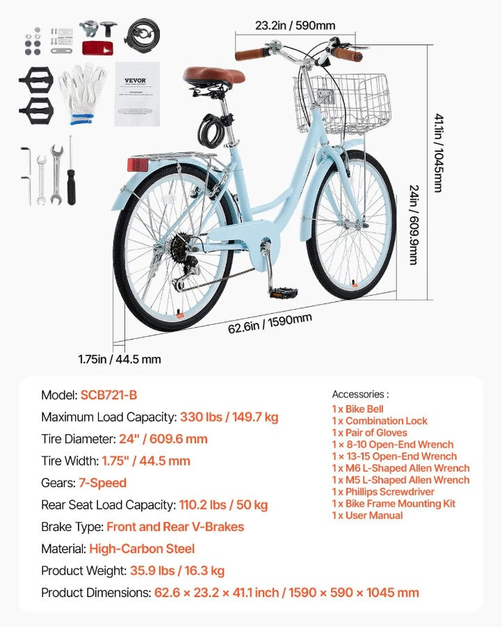 Vevor Beach Cruiser Bike 24" 7-Speed with Basket Light Blue New
