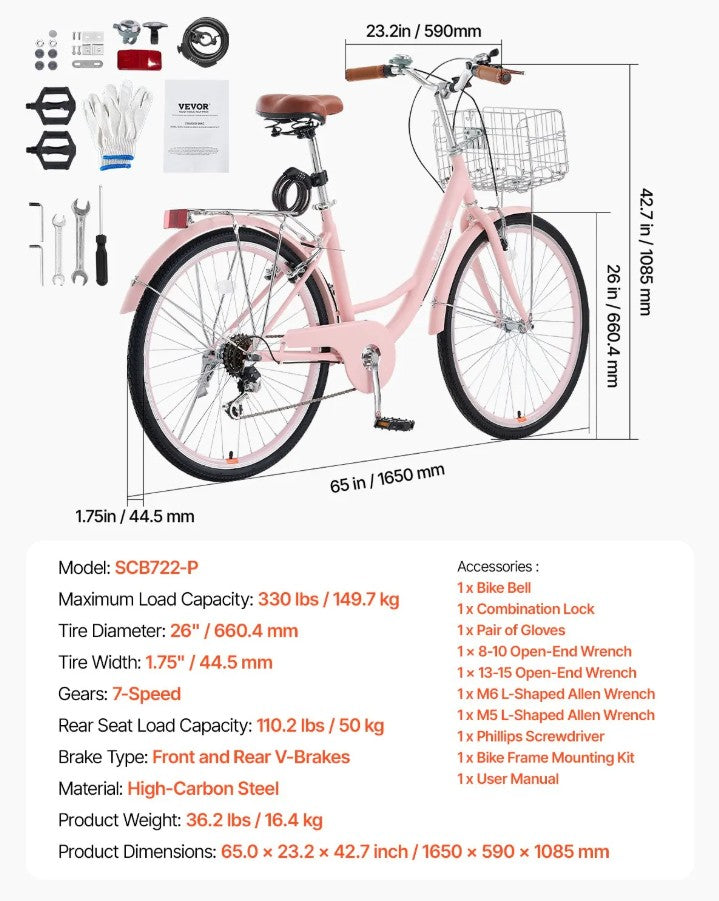 Vevor Cruiser Bike 26" High-Carbon Frame 7-Speed with Basket and Comfort Saddle New