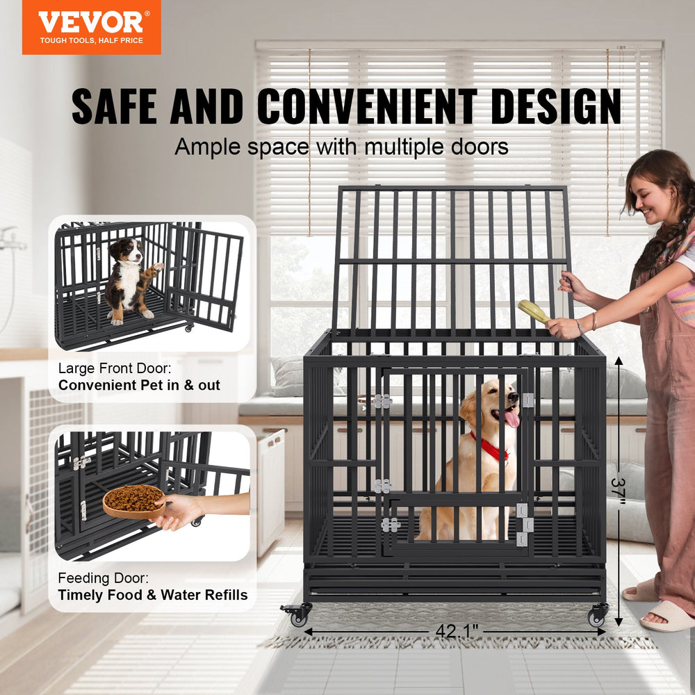 Vevor Dog Crate Heavy Duty 42" 3 Door with Lockable Wheels for Medium to Large Dogs New