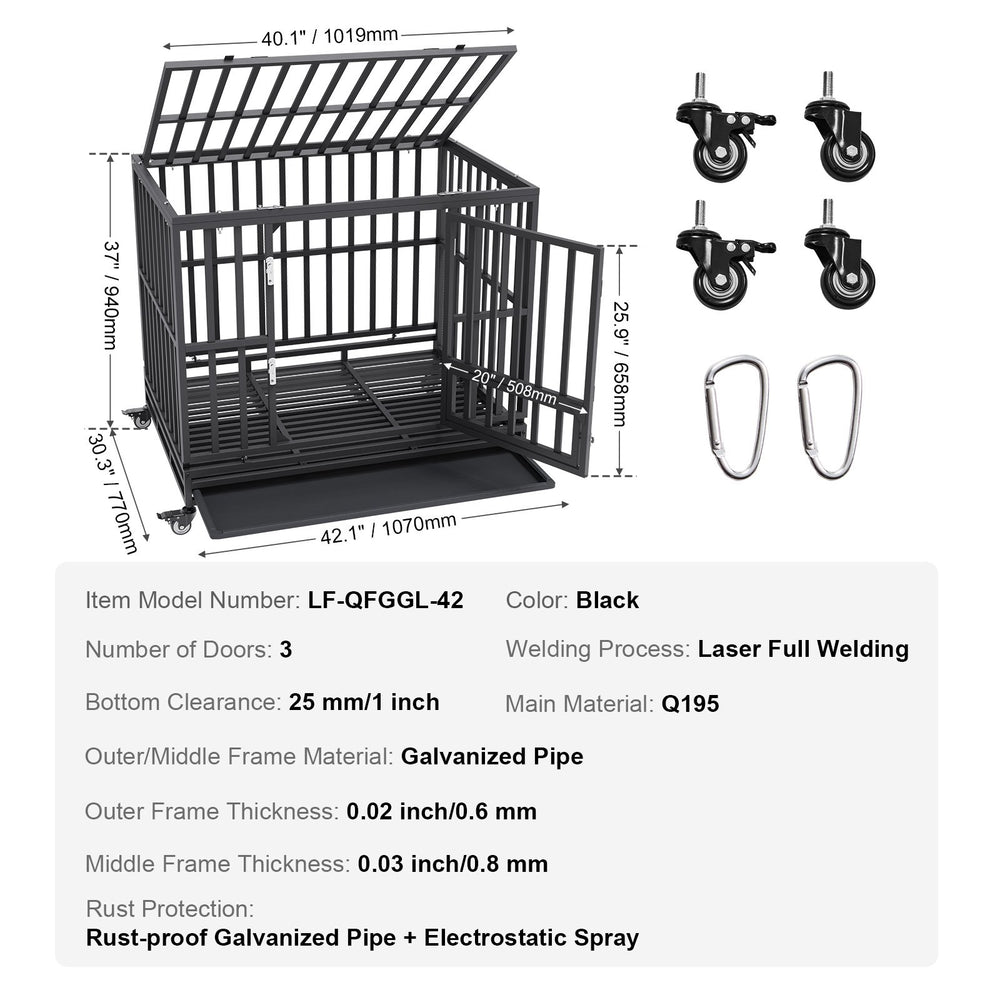 Vevor Dog Crate Heavy Duty 42" 3 Door with Lockable Wheels for Medium to Large Dogs New