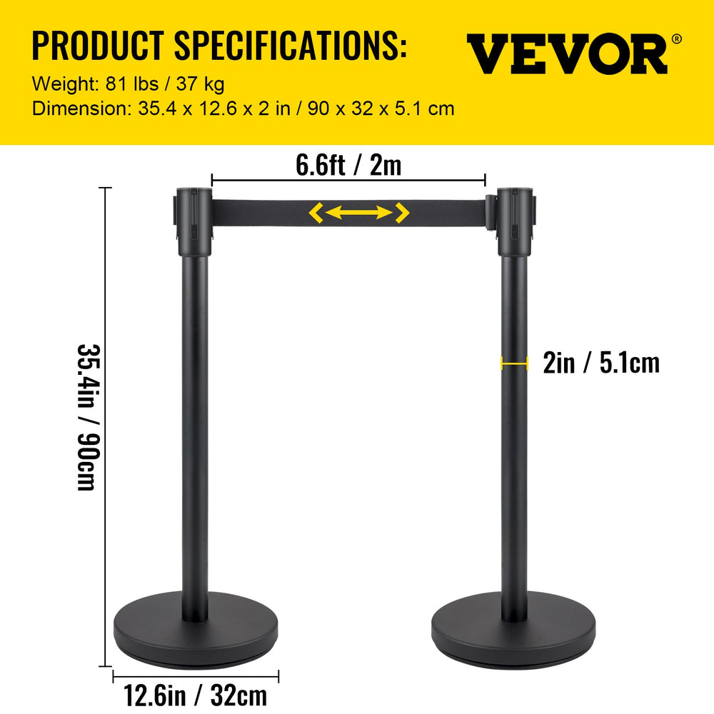 Vevor Crowd Control Stanchion Set 6 PCS Concrete and Metal Base 6.6' Black Retractable Belt New