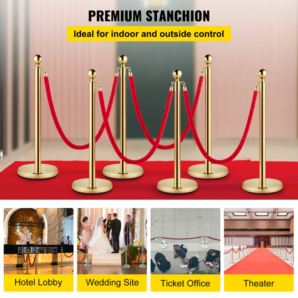 Vevor Stanchions 6 Pcs Gold Stainless Steel Posts 37.4" Tall with 5' Red Rope for Indoor/Outdoor Use New