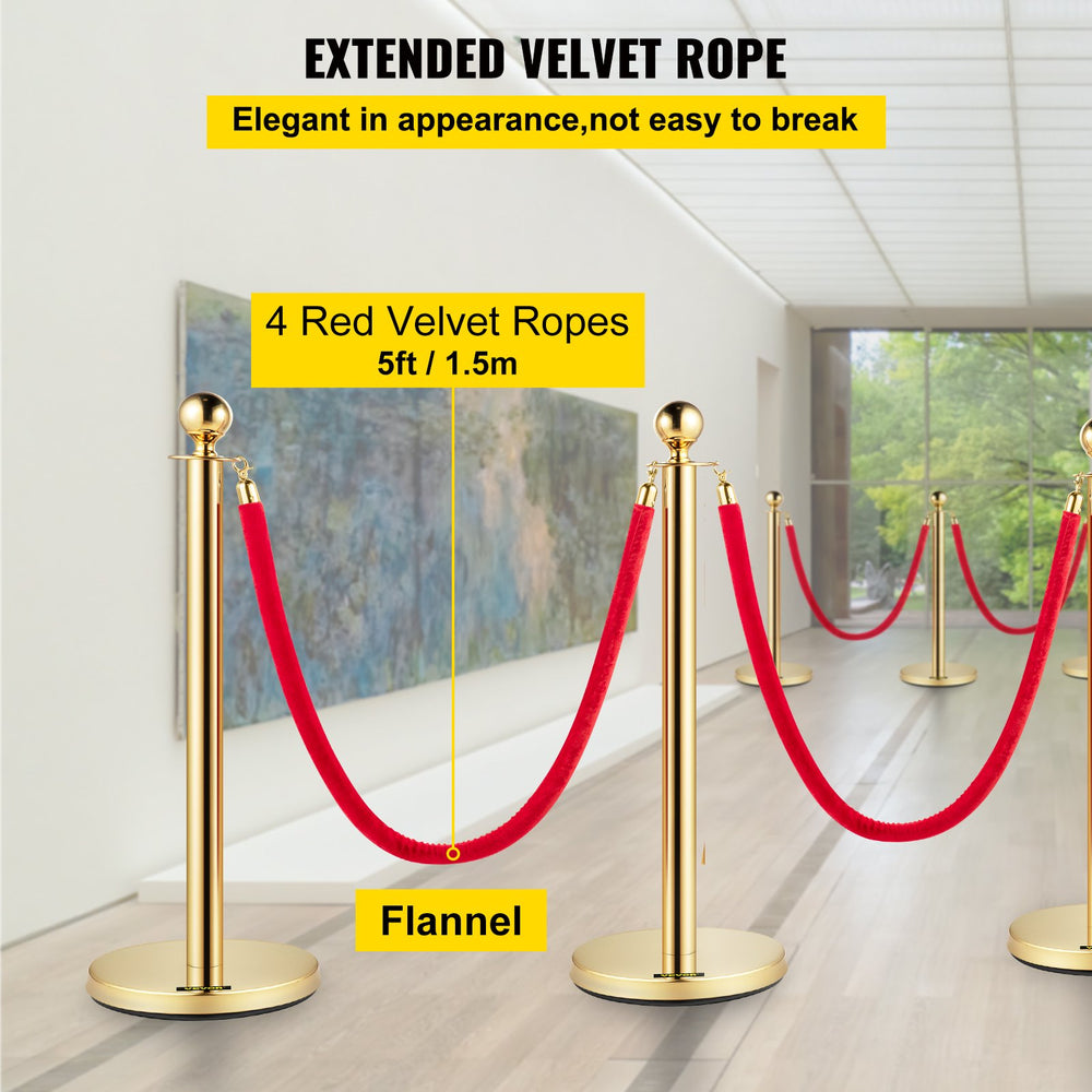 Vevor Stanchions 6 Pcs Gold Stainless Steel Posts 37.4" Tall with 5' Red Rope for Indoor/Outdoor Use New