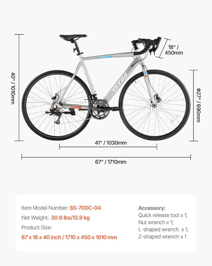 Vevor 700C Road Racing Bike 14-Speed Aluminum Frame with Disc Brakes New
