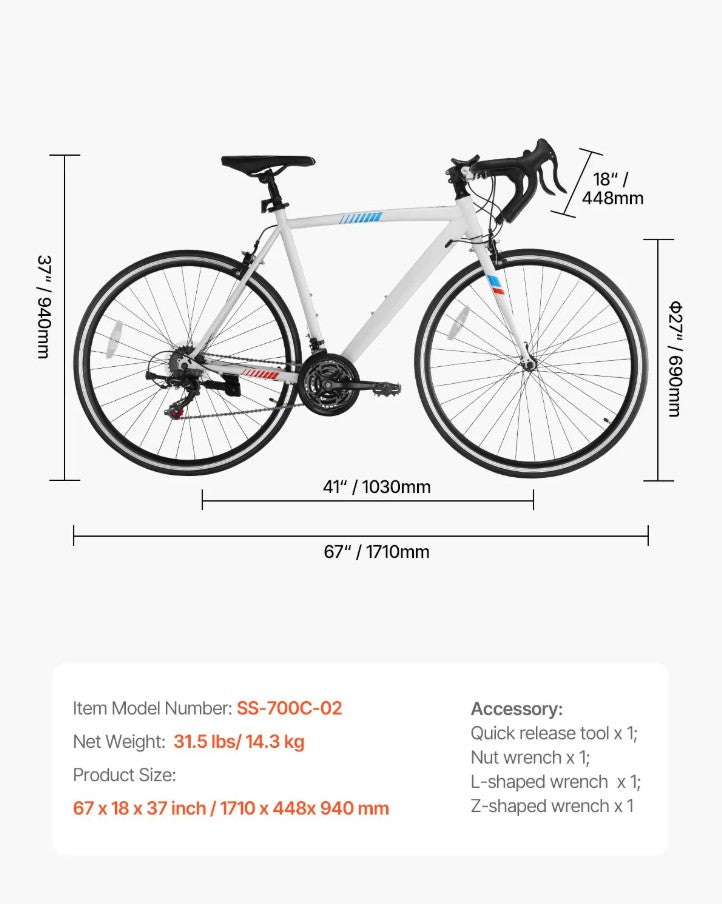 Vevor Road Bike 700C Shimano 21-Speed Carbon Steel Frame Caliper Brakes New