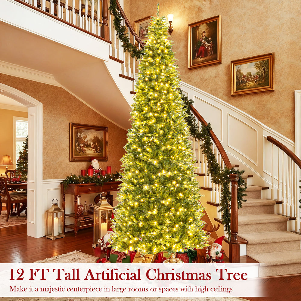 12 ft tall prelit artificial Christmas tree with 2517 branch tips, perfect for large spaces and festive ambiance.
