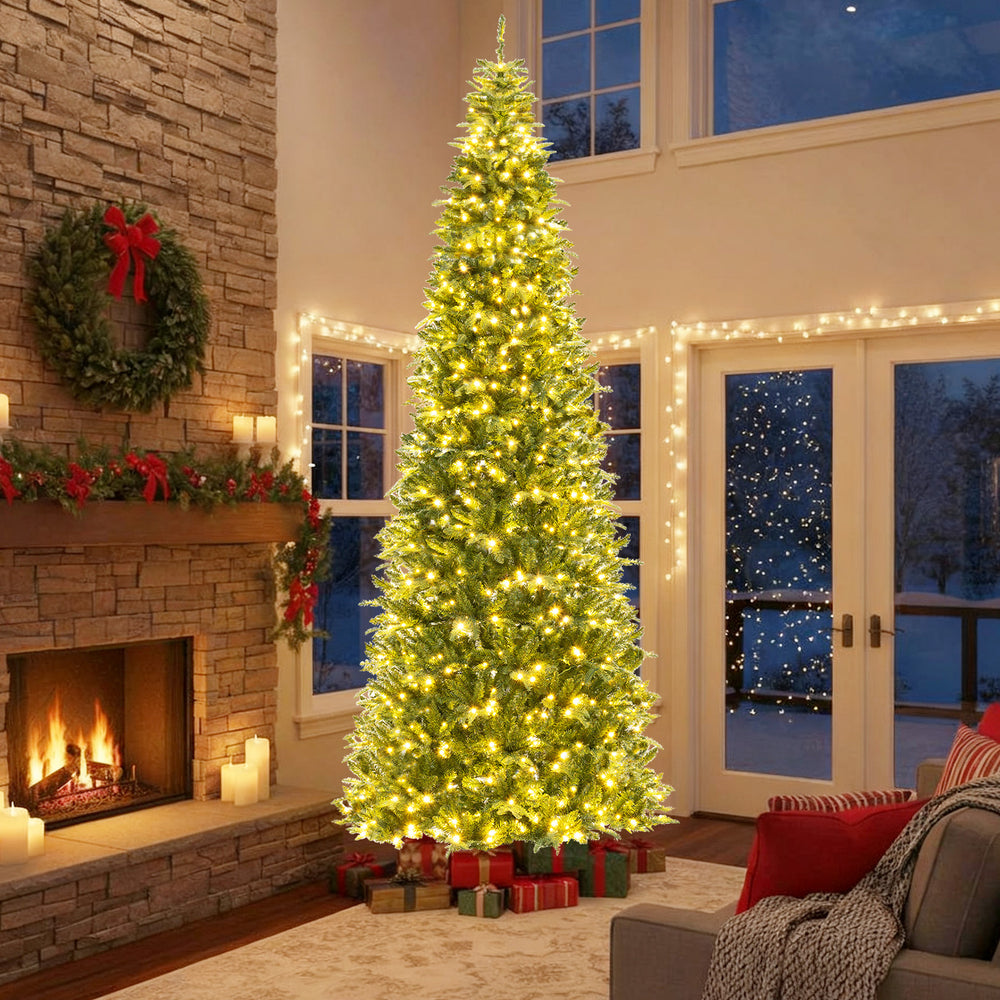 12-foot prelit artificial Christmas tree with 2517 branch tips, glowing LED lights, perfect for festive indoor.
