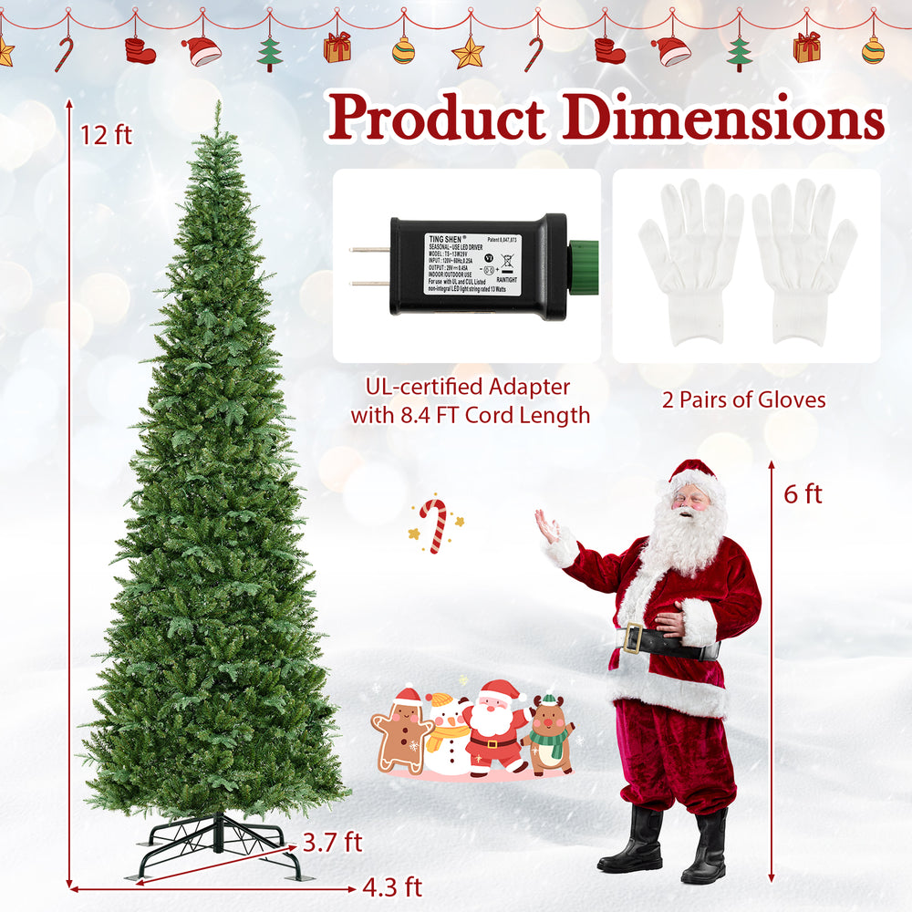 12 ft prelit artificial Christmas tree with 2517 branch tips, sturdy base, and UL-certified adapter for festive decor.