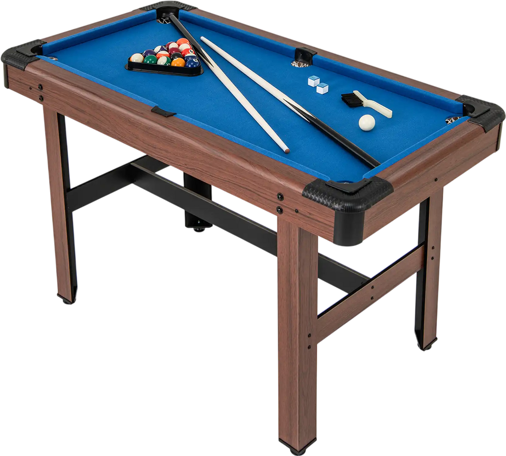 48-inch wooden pool table with blue velvet surface, full set of balls, and two cue sticks for family fun.