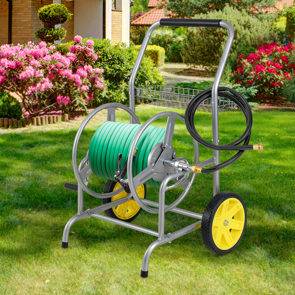 Garden Hose Reel Cart with 2 Wheels and Storage Basket-Silver - Gallery View 1 of 10