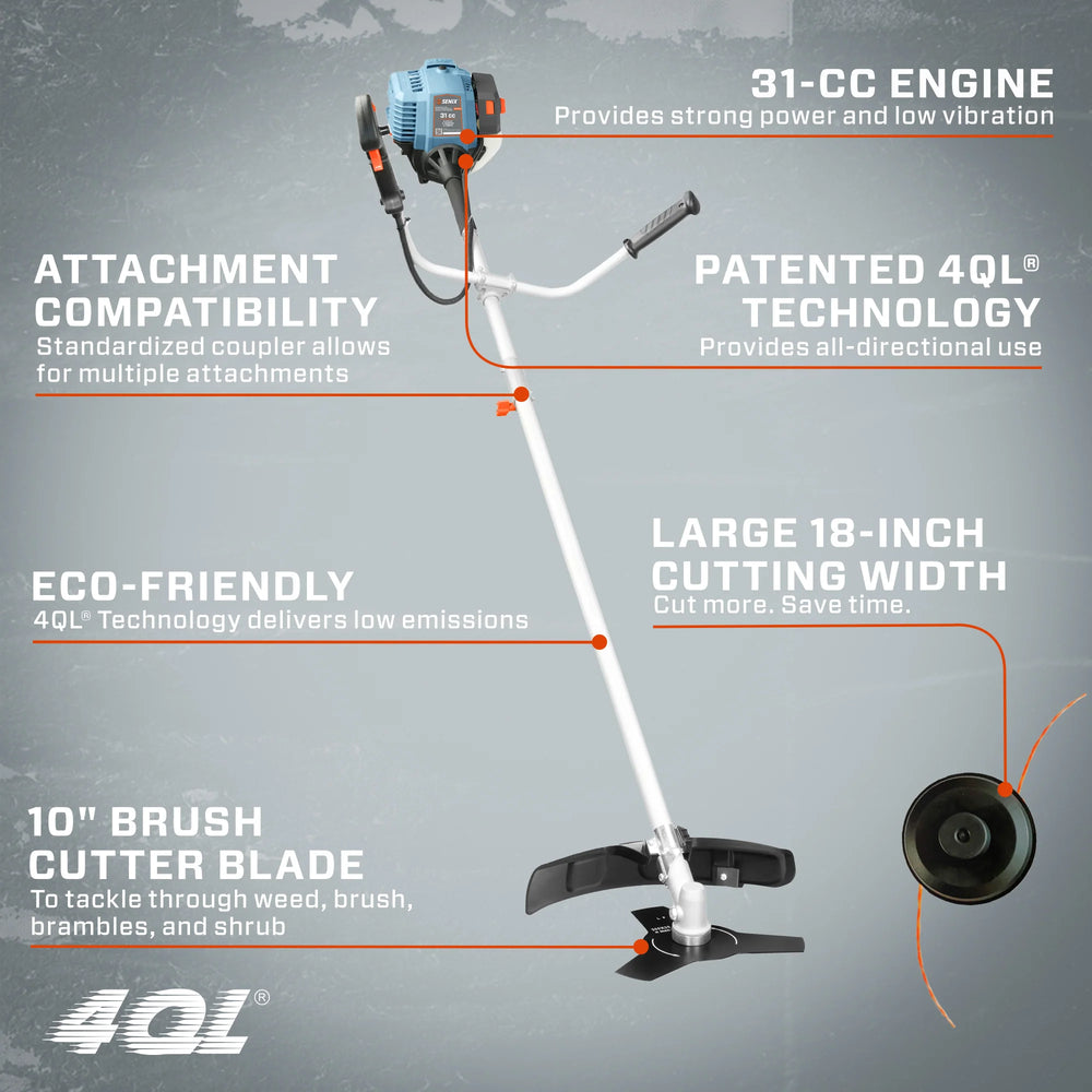 Senix 4QL Brush Cutter 10" and String Trimmer 18" 31cc 4-Cycle Gas Powered New