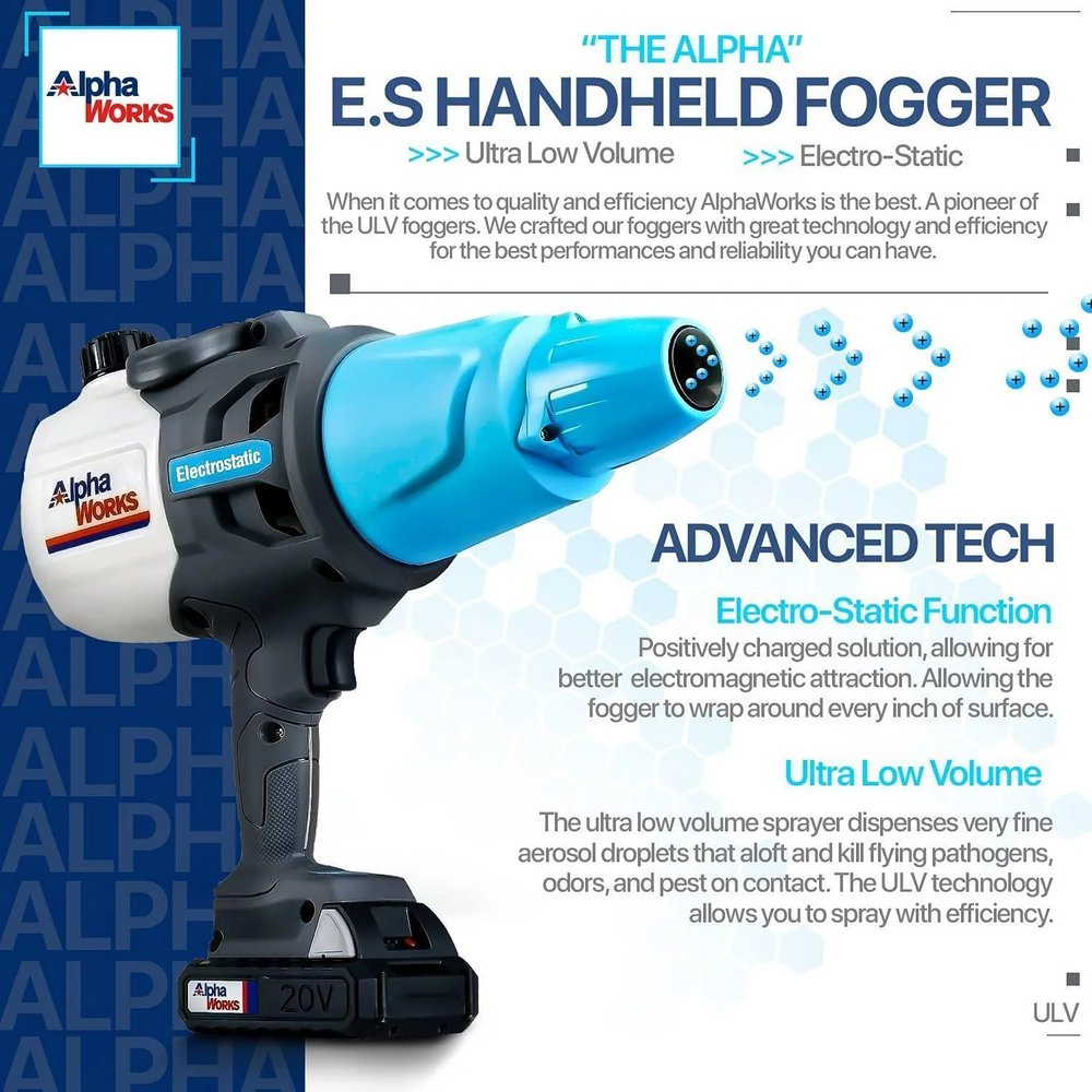 Alpha Works GUT062 ULV Electrostatic Handheld Sprayer And Fogger Multipurpose 45 Oz Capacity 20V New