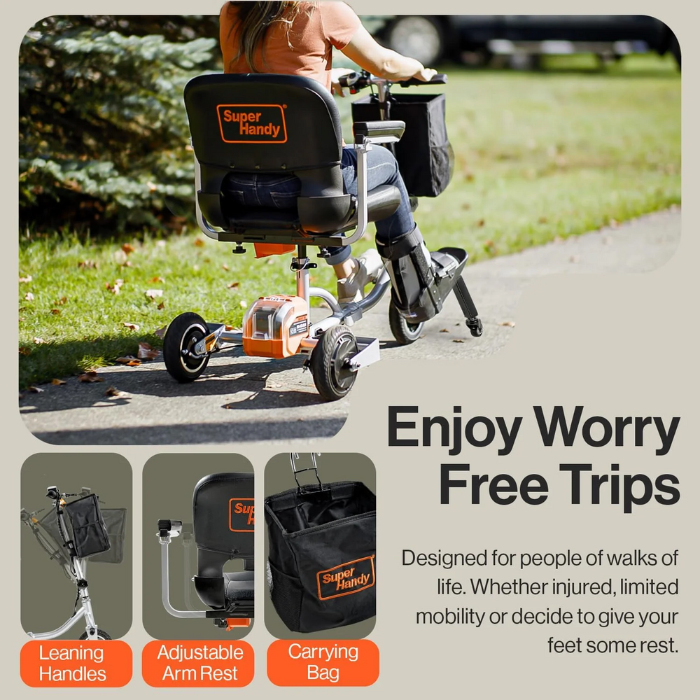 Super Handy GUT140 48V 3-Wheeled Lightweight Long Range with Extra Battery Folding Mobility Scooter New