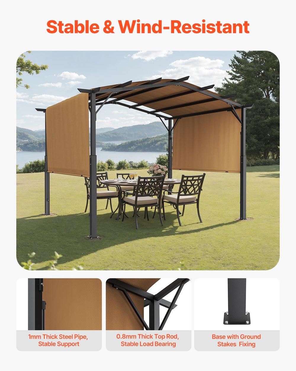 Vevor Outdoor Retractable Pergola 10' x 10' with Arched Top and Waterproof Canopy New