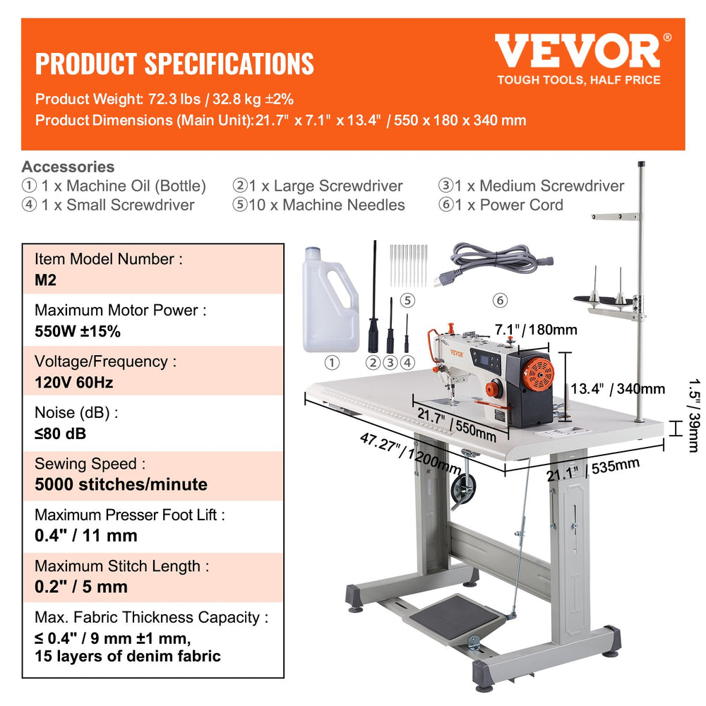 Vevor Industrial Sewing Machine 550W Heavy-Duty Lockstitch 5000 S.P.M Clear Control Panel and Table Stand New