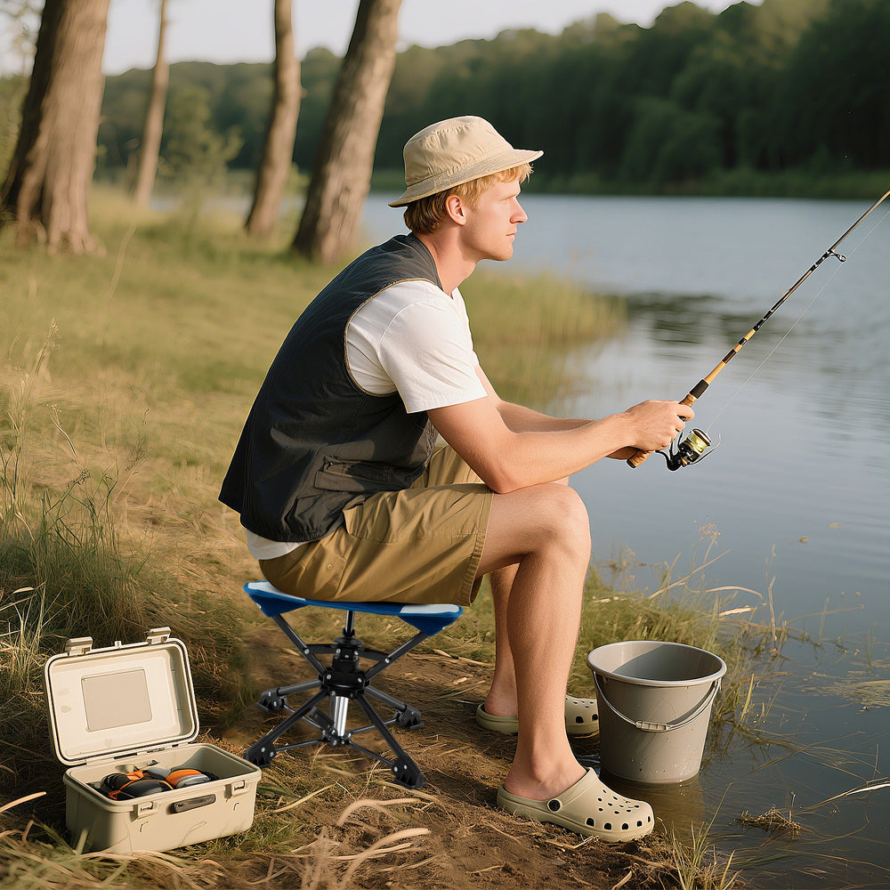 Folding Camping Stool 360° Swivel Hunting Chair with Anti-Sink Feet-Blue - Gallery View 1 of 11