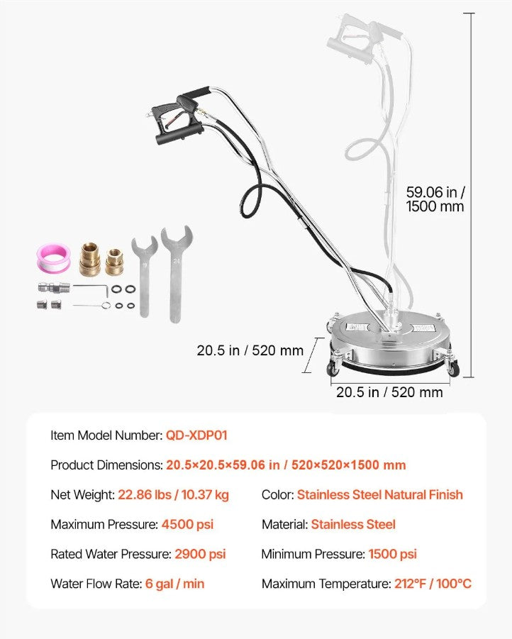 Vevor Pressure Washer Surface Cleaner 20" 4500 PSI Max 4 Wheels and Dual Handle New
