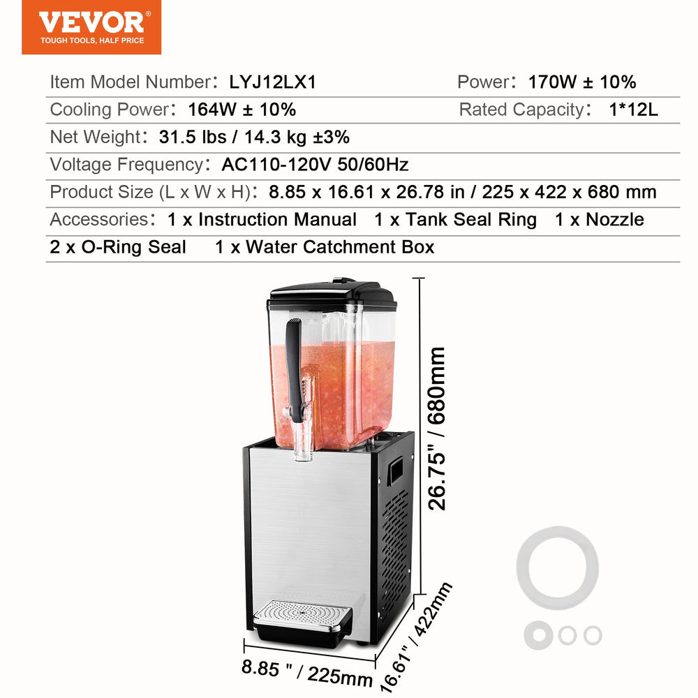 Vevor Beverage Dispenser 12.7 Qt Commercial Stainless Steel Cold Juice Dispenser 170W Wide Spout New