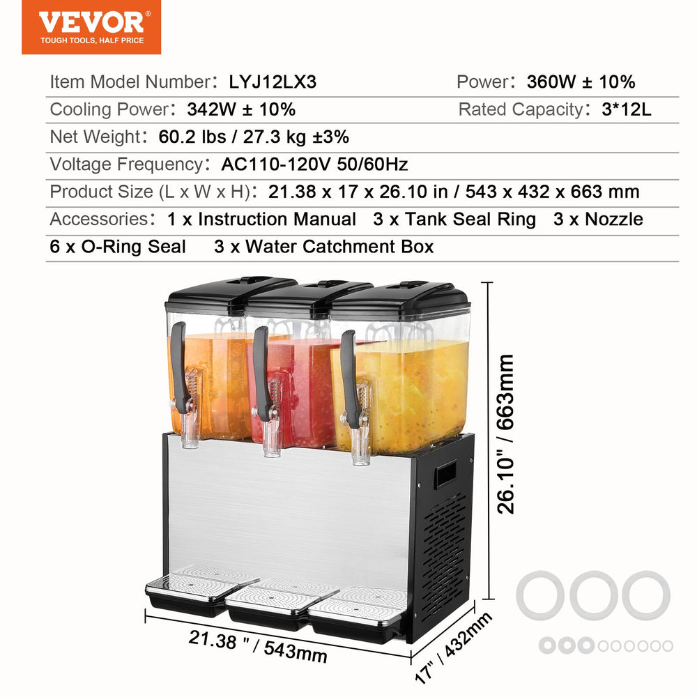 Vevor Beverage Dispenser 12.7 Qt 3 Tank Commercial Stainless Steel Cold Juice Dispenser 360W Wide Spout New