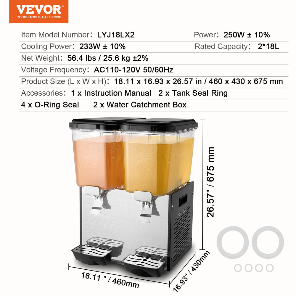 Vevor Beverage Dispenser 19 Qt 2 Tank Commercial Stainless Steel Food Grade 250W Rapid Cooling New