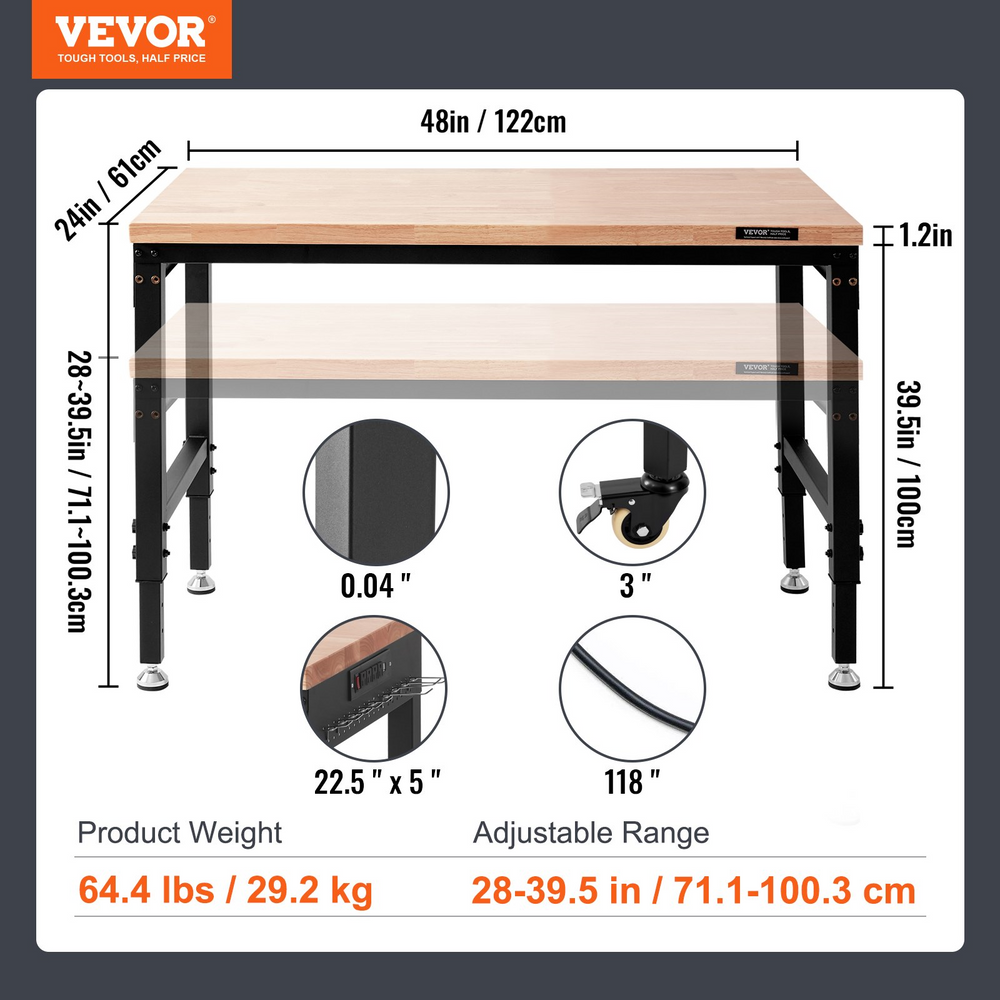 Vevor 48" x 24" Workbench 2000 lbs Load Capacity And 28" to 39.5" Adjustable Height Range Oak Top Steel Frame New